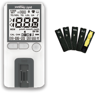 VIVADIAG LIPID Testing System (HDL,LDL,TRIG,CHOL,GLU), 1 kit incl 1 meter, 2 control devices, 1 lancing device, 1 User manual, 1 Carrying case |