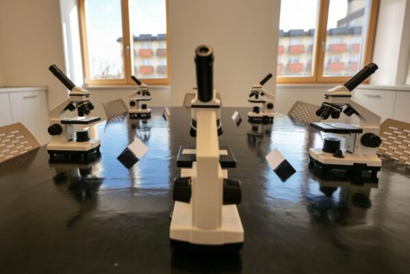 A classroom with microscopes on a black table, ready for scientific study.