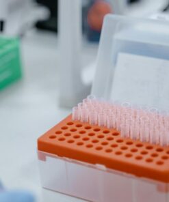 Close-up of laboratory equipment featuring test tube rack with scientific instruments.