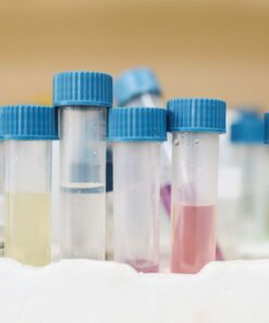 Close-up of colorful test tubes with blue caps in a laboratory setting.