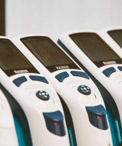 Close-up of medical devices lined in a row, showcasing technology and design.