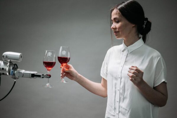 A woman and a robotic arm clink glasses of red wine, symbolizing technological harmony.