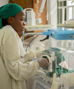 A nurse tends to a newborn in an incubator, ensuring health and safety in a hospital setting.