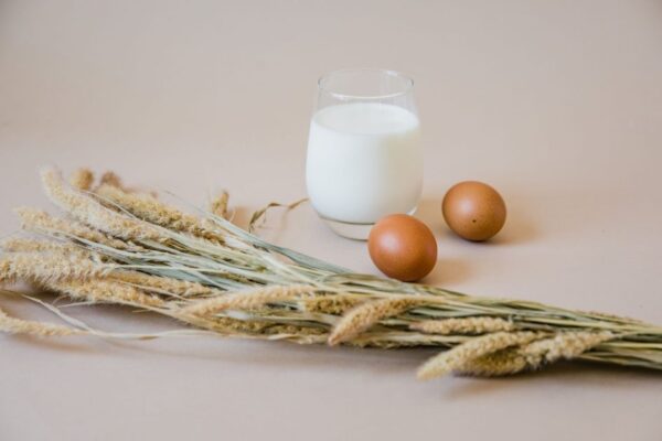 Still life of a glass of milk, brown eggs, and wheat stalks on a beige background.
