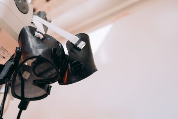 Detailed view of medical goggles or equipment in a healthcare setting, highlighting technological detail.