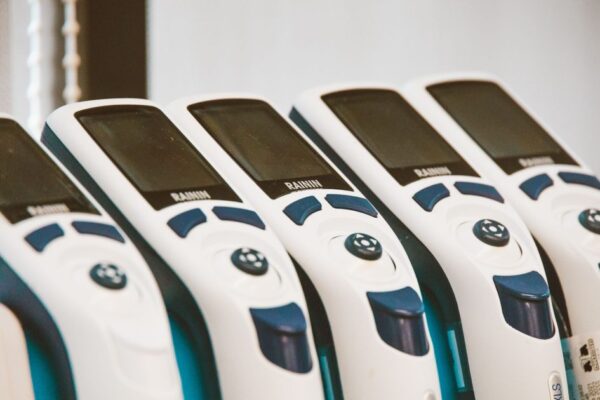 Close-up of medical devices lined in a row, showcasing technology and design.